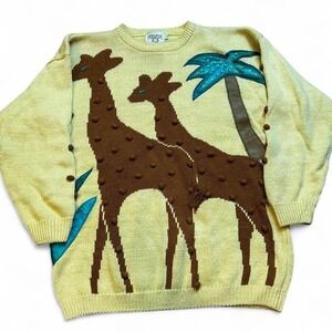 Vintage 80s Cervelle Giraffe Africa Safari Pom Pom Palm Tree Sweater Small